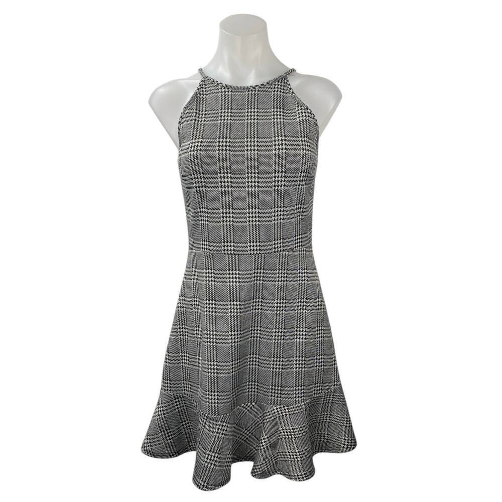Aqua Womens Black White Plaid Checkered Sleeveless Ruffle Mini A-Line Dress Sz M